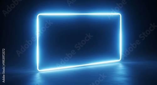 Futuristic Neon Rectangle Frame Glowing in Dark Reflective Room.