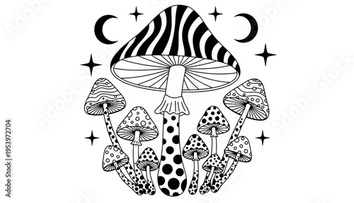 A mushroom vector illustration with crescent moons and stars on white background