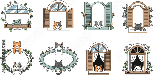 Charming cartoon cats in decorative window frames with flowers, shutters and vintage elements, cozy home themed cute feline vector illustration set