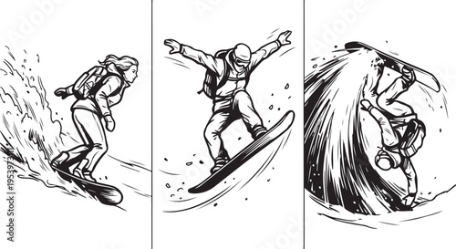 Three illustrations of people surfing on a wave