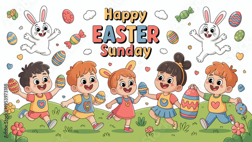 Happy easter sunday with children rabbits and colorful decorated eggs illustration