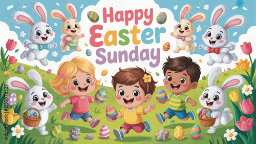 Happy easter sunday with cute bunnies and cheerful children in a colorful scene