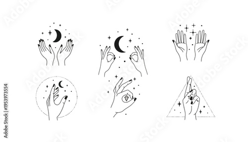 A mystical hand vector illustration set with moon and stars