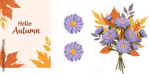 Autumn floral composition with colorful fall leaves, purple flowers bouquet and hello autumn greeting card design in seasonal vector illustration set
