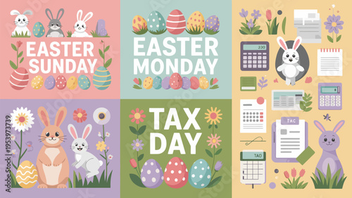 Festive easter celebrations alongside tax season reminders in colorful illustrations