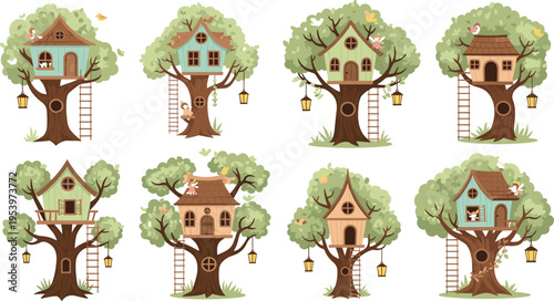 Whimsical treehouse collection with cozy wooden homes, ladders, lanterns and lush trees in magical forest cartoon style vector illustration set