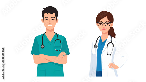 Smiling healthcare professionals doctors nurses and paramedics in medical uniforms with stethoscopes flat vector illustration isolated transparent background