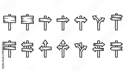 Set of minimalist line art wooden signpost icons showing different directions and path choices