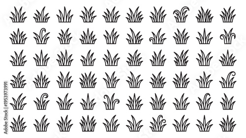 Stylized grass icons and plant silhouettes in a grid pattern vector