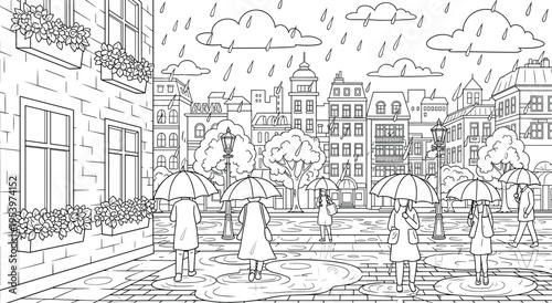 Coloring page of people walking with umbrellas in rainy city street scene