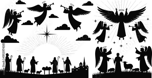 Christmas angel silhouettes with trumpets, nativity scene and Bethlehem skyline, holy night religious black vector illustration collection