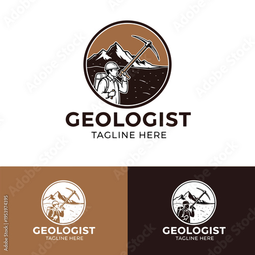 Geologist Explorer with Pickaxe in Mountainous Terrain Vector Emblem Design for Science