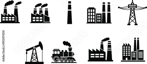 Industrial factory and energy production icons set with power plant oil pump and electricity tower isolated on white background vector illustration