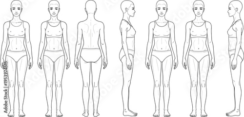 Female fashion technical drawing template featuring front back and side views of body croquis for apparel design tech packs and garment development.