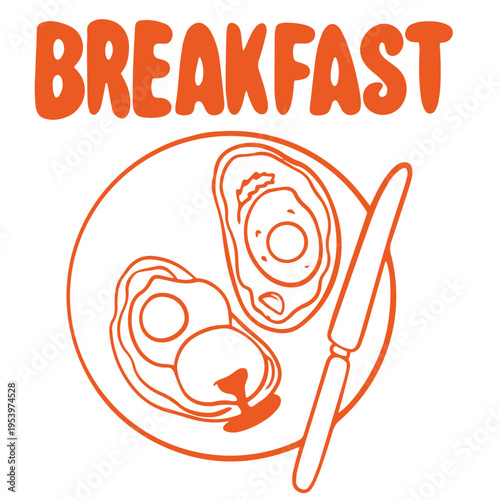 Breakfast hand drawn doodle with fried eggs plate and knife morning meal illustration

