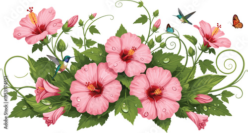Pink hibiscus floral arrangement vector illustration with lush leaves hummingbirds butterflies and tropical garden composition design