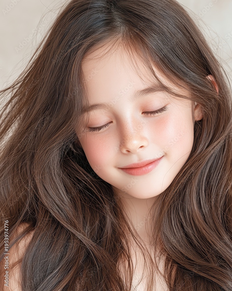 Naklejka premium A serene portrait of a young girl with closed eyes, showcasing her long, flowing hair and a gentle smile, evoking a sense of calm and beauty.