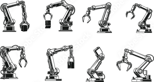 Industrial robotic arm icons set with automated manipulator machines for factory production line engineering technology isolated on white background vector illustration collection