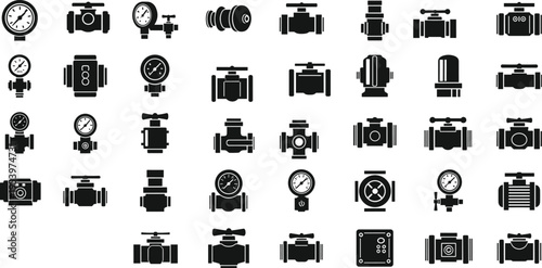 Industrial valve and pressure gauge silhouette icon set featuring pipeline control equipment isolated on white background, engineering system vector collection for oil gas industry