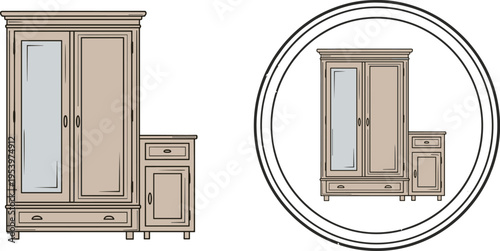 Vintage wooden wardrobe vector illustration with classic cabinet mirror door and bedside table furniture design set