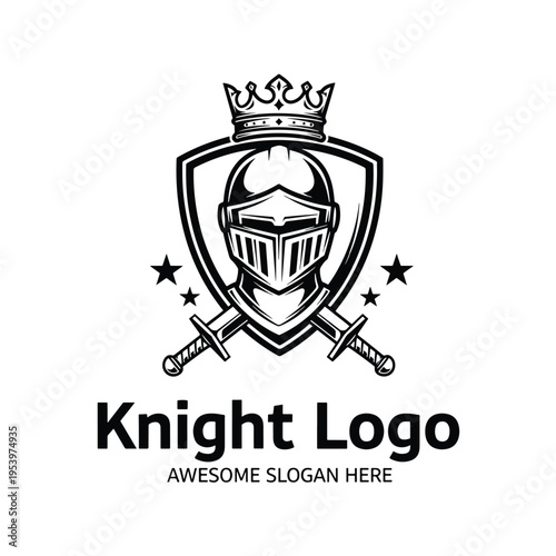 Vector graphic of medieval knight helmet, shield, crossed swords, crown, iconic heraldic emblem.