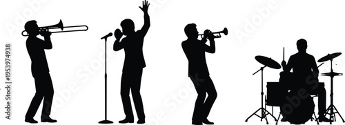Jazz band musicians silhouettes performing with trombone, trumpet, singer and drummer, live music concert performance concept showing instrumentalists playing on stage vector illustration
