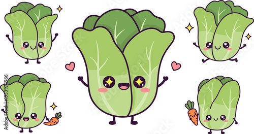 Cute cabbage character vector set with kawaii vegetable mascots smiling faces and playful cartoon food illustration