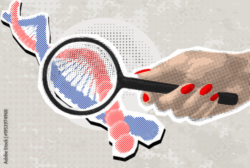 DNA analysis. Trendy Halftone Collage with DNA and Magnifying glass in hand. For mixed media design vintage dotted pop art style grunge punk template. vector illustration	