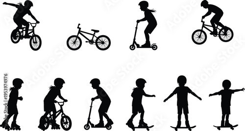 Kids outdoor activity silhouettes set with children riding bicycle, scooter, skateboard and roller skates, active childhood lifestyle collection isolated black vector illustration
