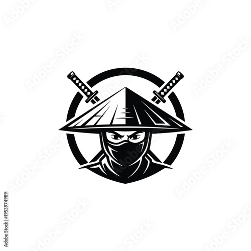 Masked Stealth Warrior with Conical Hat and Crossed Blades Vector Emblem