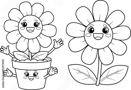 Cute daisy flower coloring page vector with smiling cartoon plant characters in pot and simple outline illustration