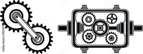 Mechanical gear system and gearbox silhouette illustration featuring cog wheels and transmission mechanism isolated on white background, engineering concept vector design set