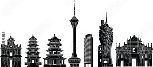 Macau skyline landmarks silhouette featuring Ruins of St Pauls, A-Ma Temple pagoda, Macau Tower and Grand Lisboa, famous architecture travel tourism illustration