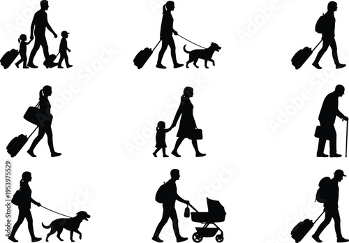 People walking silhouette collection including travelers with luggage, parents with children, dog walking and elderly person, everyday lifestyle characters isolated in black vector set