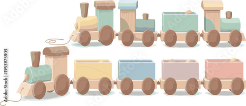 Cute wooden toy train vector set with pastel wagons locomotive and kids nursery illustration collection design