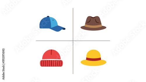 Four stylish hats displayed in a simple grid layout for visual comparison