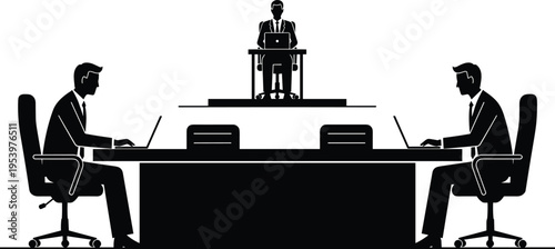 Business meeting silhouettes of professional team working on laptops at conference table with executive leader overseeing corporate office project development.