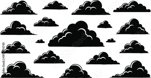 Collection of black cloud silhouettes in various shapes and sizes for weather forecasting nature design elements and sky atmosphere illustration set