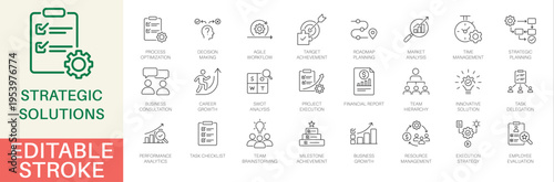 Strategic Solutions and Business Planning line icon set. Includes symbols for Agile Workflow, SWOT Analysis, Roadmap, and Analytics. Editable stroke vector icons for management.