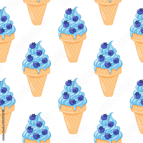 Blueberry ice cream cone seamless pattern in cartoon. Refreshing summer dessert for sweet cafe design, fruit concept and colorful food illustration.