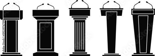 Collection of various wooden and modern podium silhouettes with microphones for public speaking, press conferences, political debates, and corporate presentations or seminars.