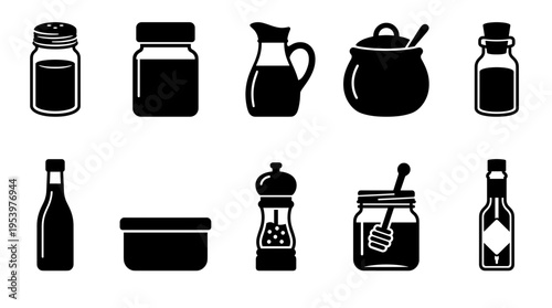 Kitchen Condiment Spice Containers Icons Pack Isolated On White, Salt Shaker Jar Pitcher Honey Pot Vector Symbols For Culinary Cooking Design Projects