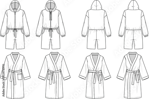 Fashion technical sketch of hooded jumpsuits and bathrobes vector set with front and back views for apparel design and manufacturing templates.