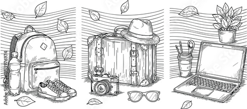 Hand Drawn Travel And Lifestyle Illustration Set Featuring Backpack Sneakers Suitcase Camera Sunglasses Laptop Coffee And Potted Plant Sketch CAD Drawing Flat Vector