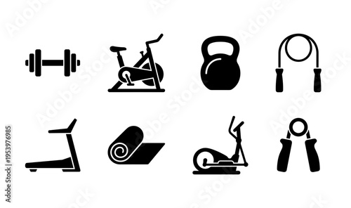 Fitness Gym Equipment Icons Collection Isolated on White Background, Dumbbells, Kettlebell and Yoga Mat Vectors for Health, Workout and Active Lifestyle Design