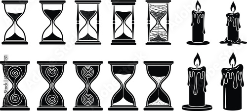 Hourglass and Melting Candle Silhouette Icon Set Representing Time Management Measurement Passing of Time Deadline Urgency History and Traditional Clock Symbols