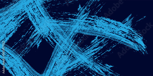 Abstract grunge brush strokes, bright cyan paint on deep navy blue background, dynamic composition