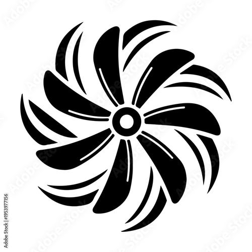 A stylized graphic of a spinning turbine or fan
