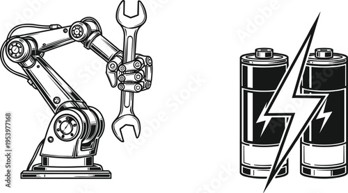 Robotic arm with wrench and battery power icon set isolated on white background automation and energy technology vector illustration collection