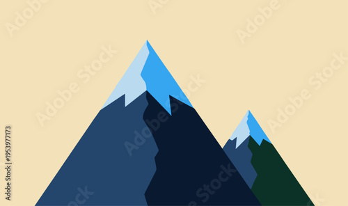 A stylized illustration of two majestic snow-capped mountains against sunset